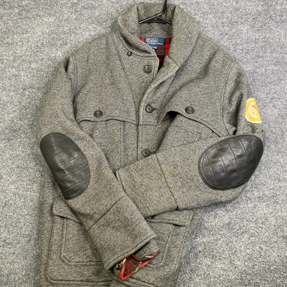 VTG Polo Ralph Lauren Expedition Gray Knit Field Jacket Plaid Men M Indian Head